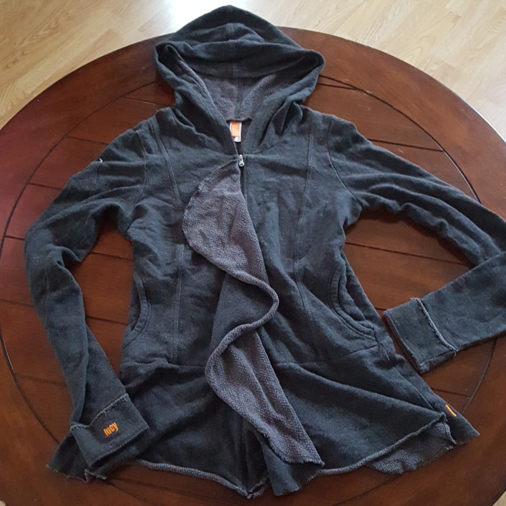Lucy ruffle zip up cotton blend hoodie dark gray S